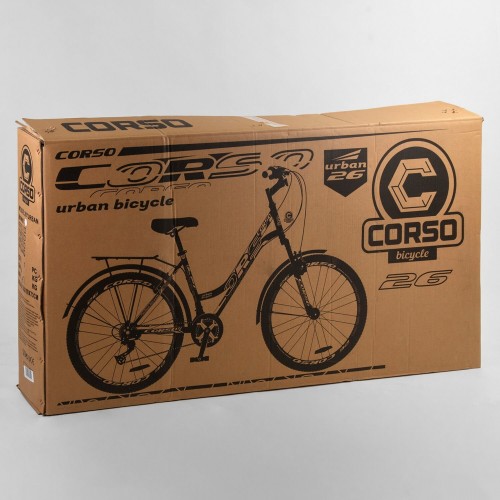Спортивний велосипед CORSO URBAN 26 "дюймів 78922 рама металева, SunRun 21 швидкість, крила, багажник, чорно-зелений