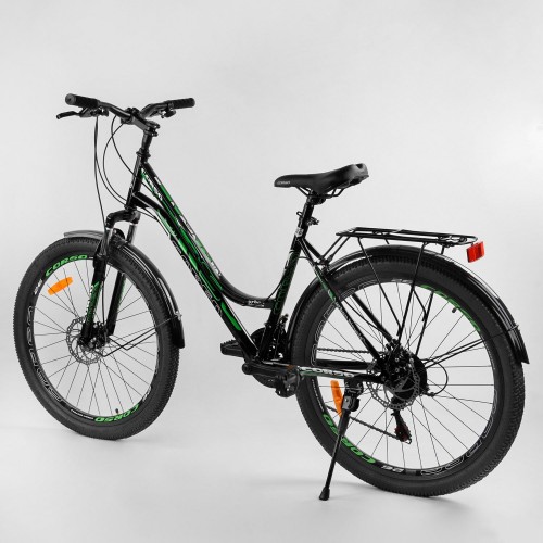 Спортивний велосипед CORSO URBAN 26 "дюймів 78922 рама металева, SunRun 21 швидкість, крила, багажник, чорно-зелений