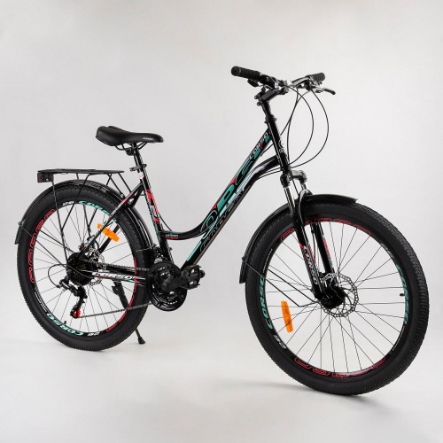 Спортивний велосипед CORSO URBAN 26 "дюймів 97011 рама металева, SunRun 21 швидкість, крила, багажник, чорний