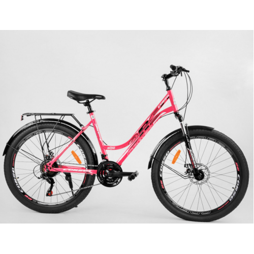 Спортивний велосипед CORSO URBAN 26 "дюймів 69052 рама металева, SunRun 21 швидкість, крила, багажник, рожевий