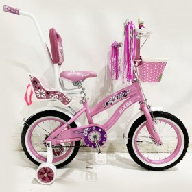 Дитячий велосипед Rueda Flower, 14 дюймів 14-03B, з кошиком для ляльок, з батьківською ручкою, рожевий