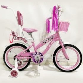 Дитячий велосипед Rueda Flower, 16 дюймів 16-03B, з кошиком для ляльок, з батьківською ручкою, рожевий