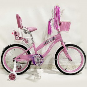 Дитячий велосипед Rueda Flower, 18 дюймів 18-03B, з кошиком для ляльок, з батьківською ручкою, рожевий