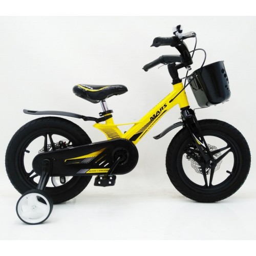 Дитячий велосипед MARS-2 Evolution, 14 дюймів, магнієва рама, 2 дискових гальма, кошик, жовтий